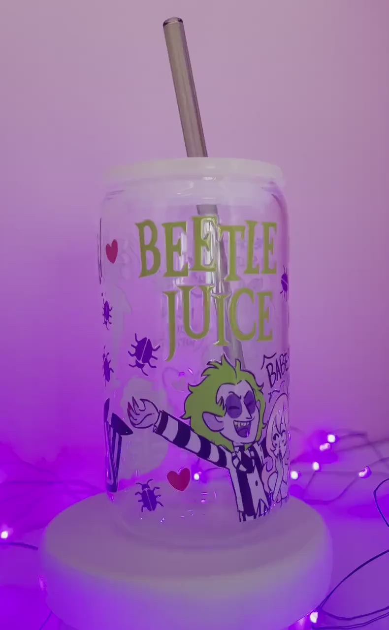 Ghost With the Most 16oz Glass Tumbler, Beetlejuice Tumbler, Beetlejuice Cup, 16oz Mug with Lid and Straw perfect Halloween gift