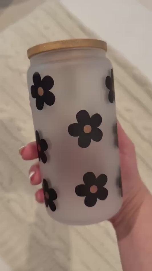 Personalized Valentines Gift Boho Iced coffee Glass, 16oz Glass tumbler with NAME engraved lid, Boho cute flowers design, gift for her