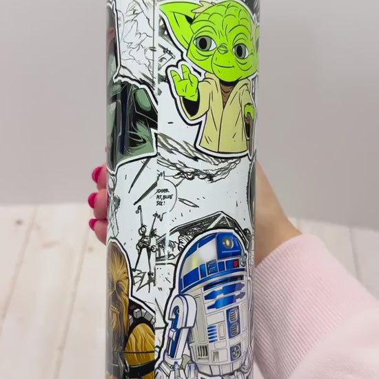 SW Galaxy Skinny Tumbler 20oz, Stainless Steel Cup with lid, Yoda Mandalorian, Stars movie tumbler, Black and white comics design