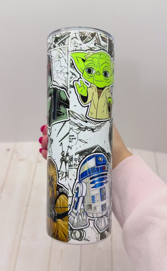 SW Galaxy Skinny Tumbler 20oz, Stainless Steel Cup with lid, Yoda Mandalorian, Stars movie tumbler, Black and white comics design