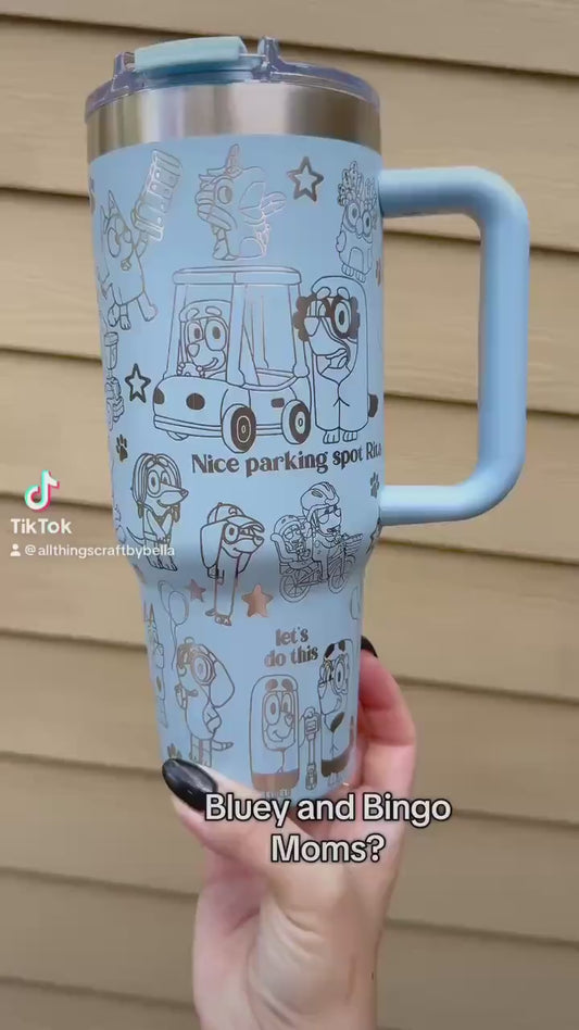 Custom Engraved Tumbler, Bluey Bingo, 40oz with handle, Engraved tumbler, Cartoon dog, Bluey Mom Bluey Dad Grannies
