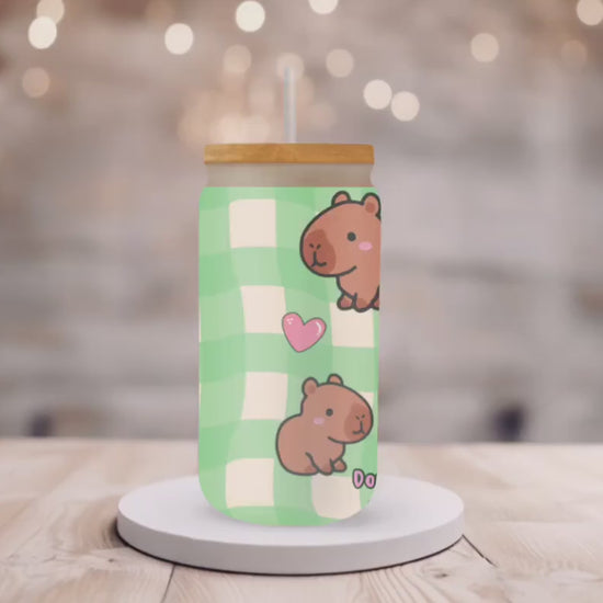 Capybara Cute Tumbler 16oz Don't Worry Be Cappy Glass Iced Coffee Cup with Straw and Lid, Kawaii Aesthetic Capybara gifts
