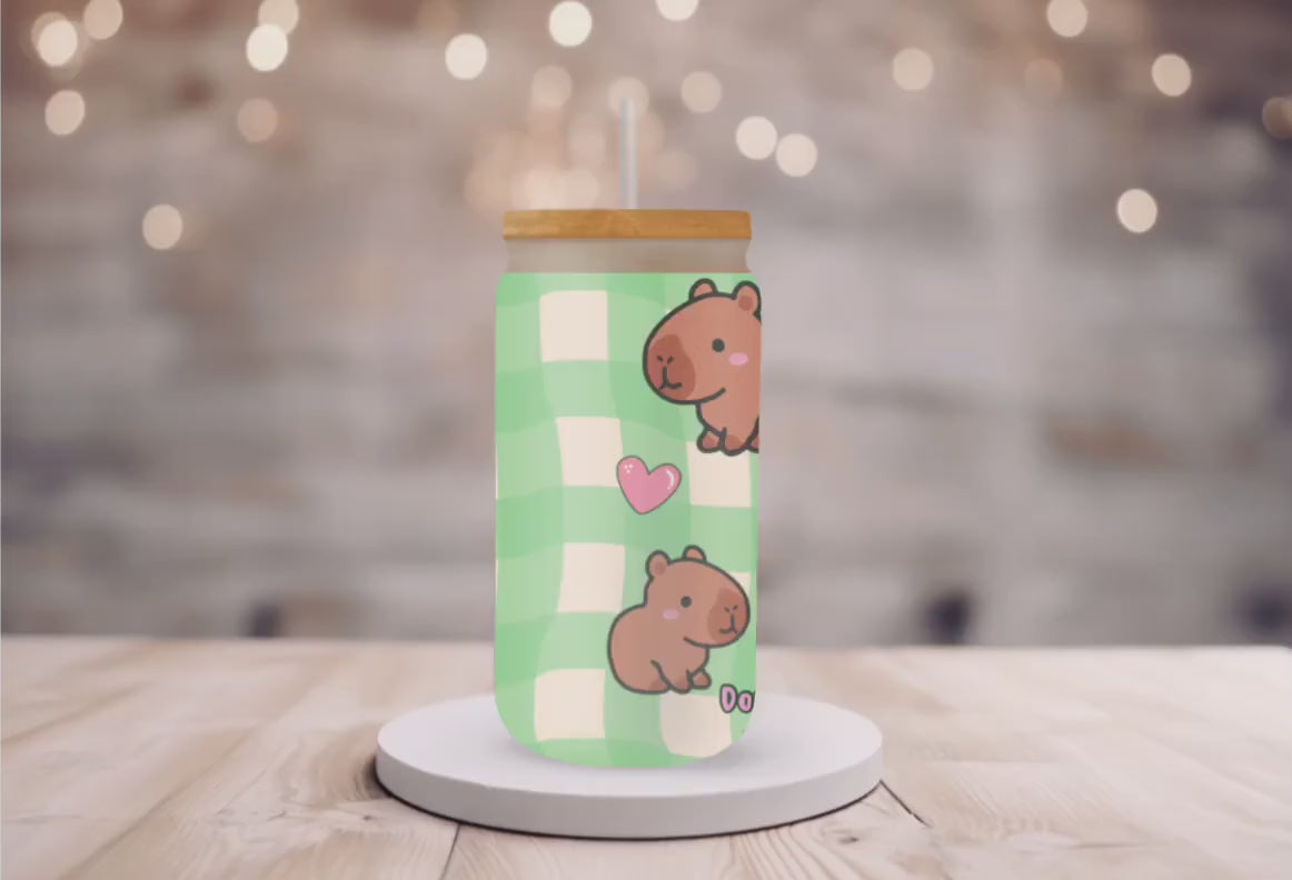 Capybara Cute Tumbler 16oz Don't Worry Be Cappy Glass Iced Coffee Cup with Straw and Lid, Kawaii Aesthetic Capybara gifts