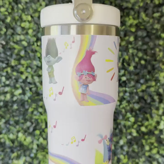 Kids Tumbler 20oz Cup with Top Handle, Trolls Kids Water Bottle, Back to School, Music and Rainbow