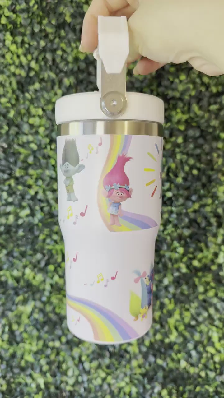 Kids Tumbler 20oz Cup with Top Handle, Trolls Kids Water Bottle, Back to School, Music and Rainbow