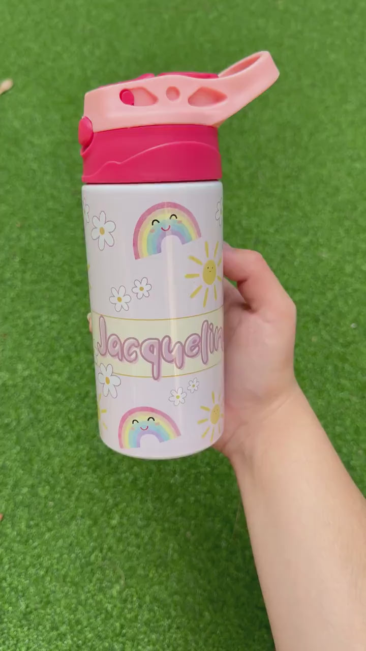 Personalized Kids Water Bottle 12oz Rainbow Sunshine, Custom with Name, Pink Kids Cup, Flip Top Tumbler, Kids Custom Thermal Travel Cup