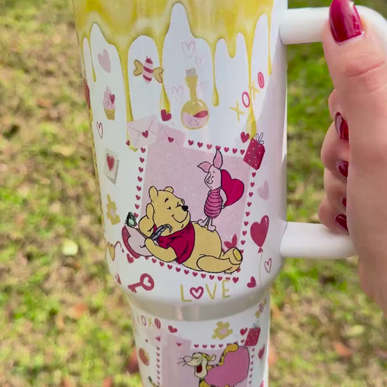 Winnie the Pooh Valentine, Tumbler 40oz, Stainless Steel Cup with Handle, Bear Water Bottle, Pooh bear, Dripping Honey, perfect gift for her
