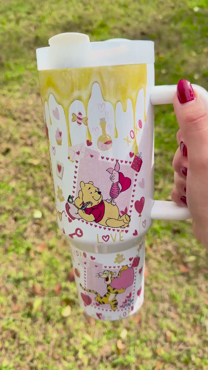 Winnie the Pooh Valentine, Tumbler 40oz, Stainless Steel Cup with Handle, Bear Water Bottle, Pooh bear, Dripping Honey, perfect gift for her