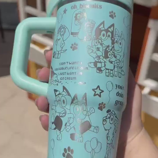 Custom Engraved Kids Tumbler, Bluey Bingo, 20oz with handle, Engraved tumbler, Spill proof cup, Cartoon dog, Bluey gift for boys and girls