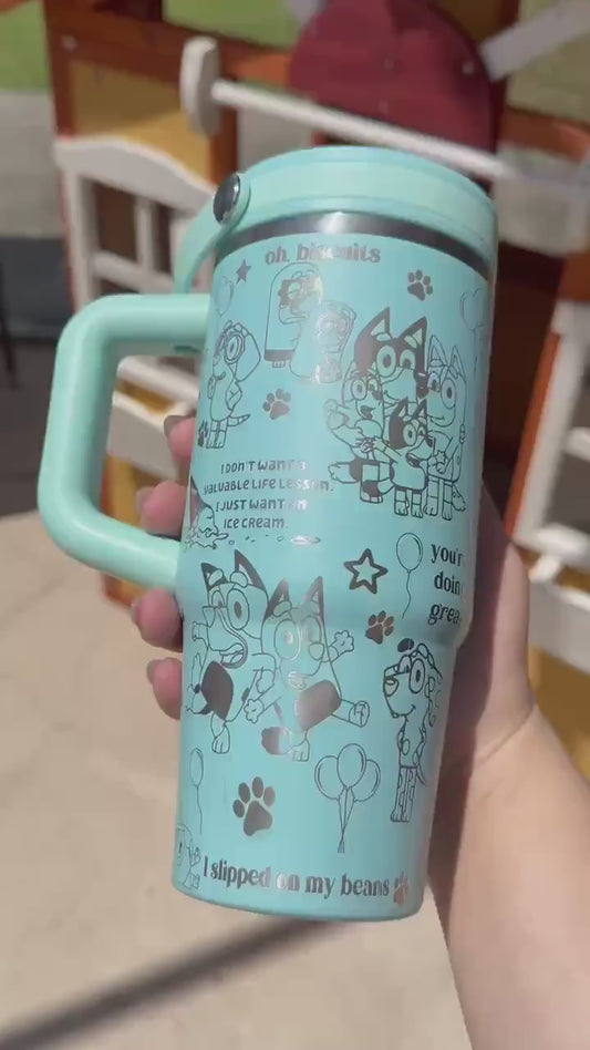 Custom Engraved Kids Tumbler, Bluey Bingo, 20oz with handle, Engraved tumbler, Spill proof cup, Cartoon dog, Bluey gift for boys and girls