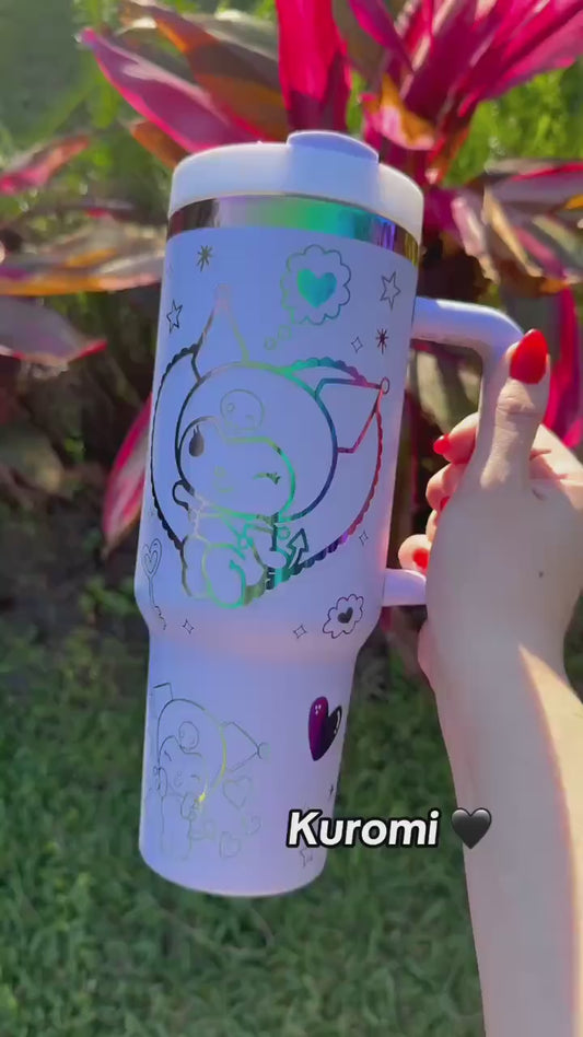 Kawaii Rainbow Tumbler, Kuromi Stanley Dupe, 40oz with handle, Laser Engraved, Kawaii Tumbler, engraved gifts, Kuromi my melody