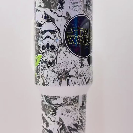 SW Galaxy Stanley Dupe 40oz Tumbler, Stainless Steel Cup with Handle, Yoda Mandalorian, Stars movie tumbler, Black and white comics design