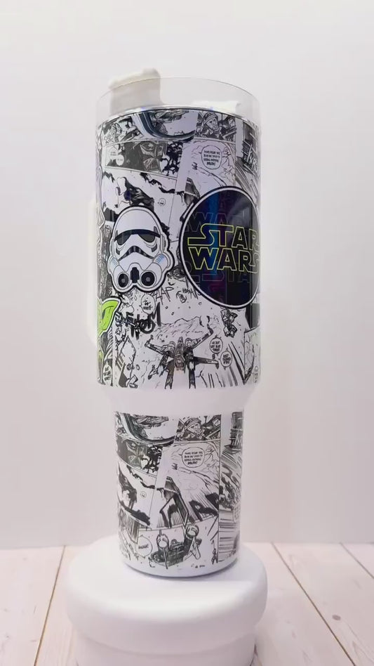 SW Galaxy Stanley Dupe 40oz Tumbler, Stainless Steel Cup with Handle, Yoda Mandalorian, Stars movie tumbler, Black and white comics design