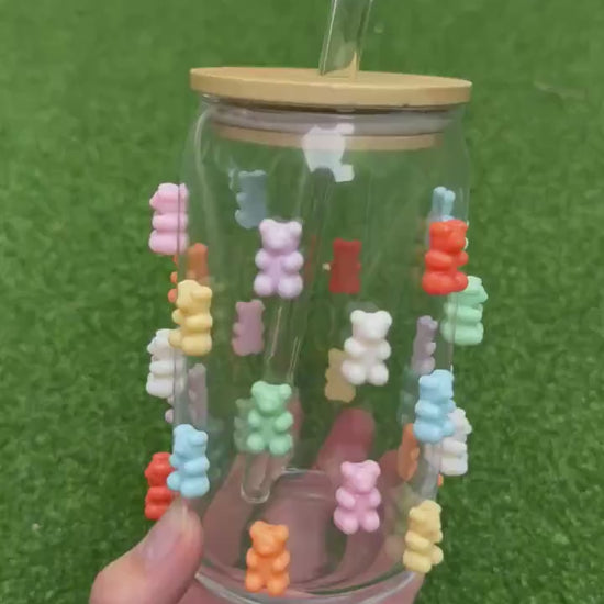Gummy Bear Can Tumbler Glass, 16oz Bamboo Glass Cup, Trendy Bear, Kawaii Bear, Acrylic Gummy Bear