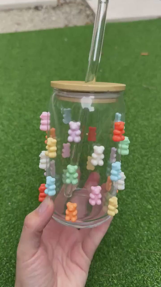 Gummy Bear Can Tumbler Glass, 16oz Bamboo Glass Cup, Trendy Bear, Kawaii Bear, Acrylic Gummy Bear