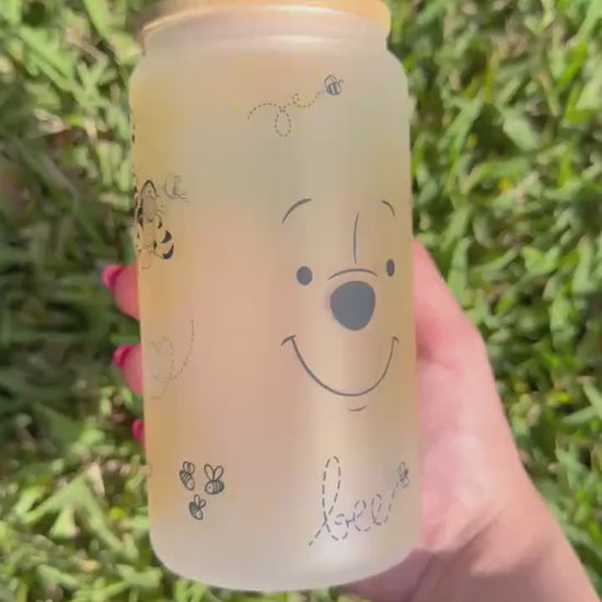 Winnie the Pooh Glass Tumbler 16oz, Iced Coffee with Bamboo lid, Bear Cup, Pooh bear honeypot, perfect gift for her
