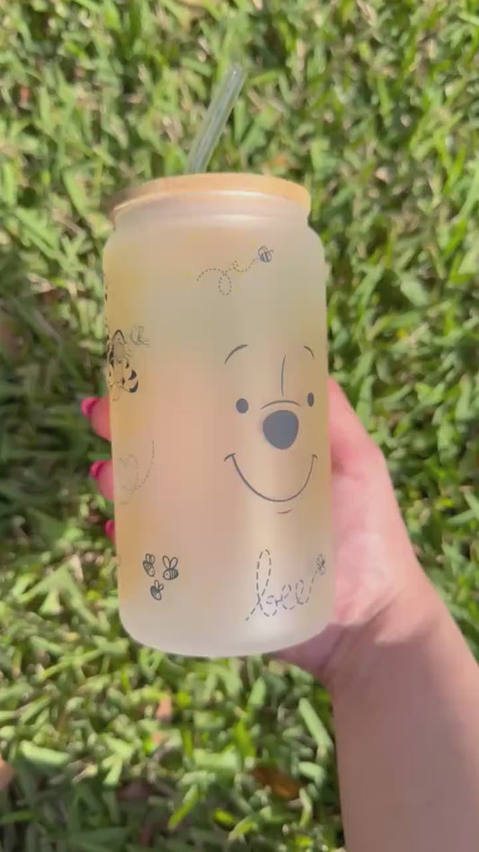 Winnie the Pooh Glass Tumbler 16oz, Iced Coffee with Bamboo lid, Bear Cup, Pooh bear honeypot, perfect gift for her