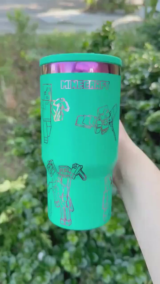 Custom Engraved Kids Tumbler, Minecraft Tumbler, 20oz with handle, Engraved tumbler, Spill proof cup, Videogame gift for boys and girls