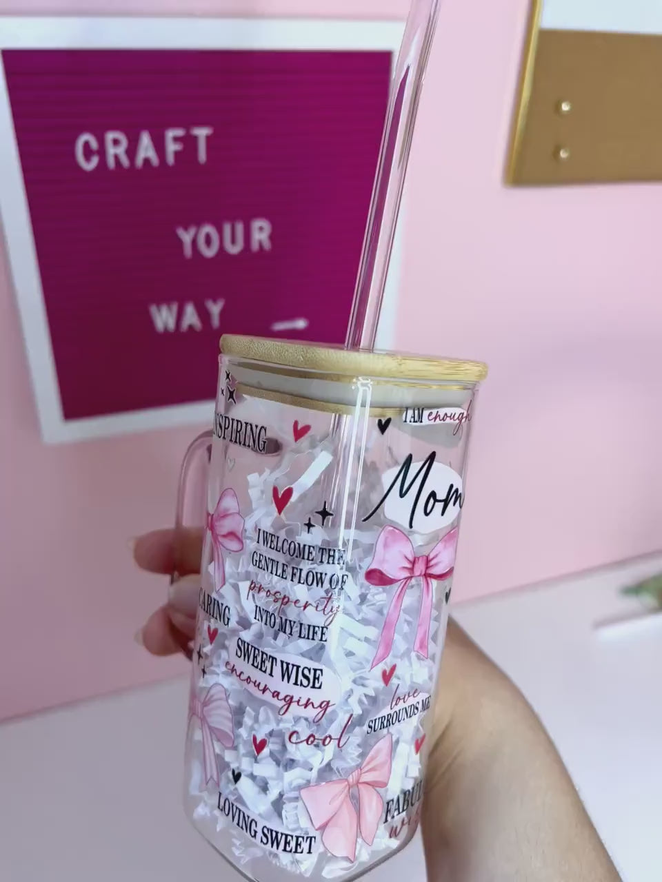 Mom Gift Cup, Daily Affirmation Glass Affirmation Tumbler with Bamboo Lid and Straw Pink with Coquette Bows, perfect gift for mom