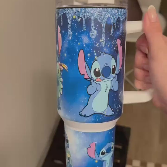 Personalized 40oz Glow-in-the-Dark Stitch Tumbler with Handle, Blue Glow Acrylic Lid, Lilo & Stitch Inspired Cup, Stirch Stanley dupe