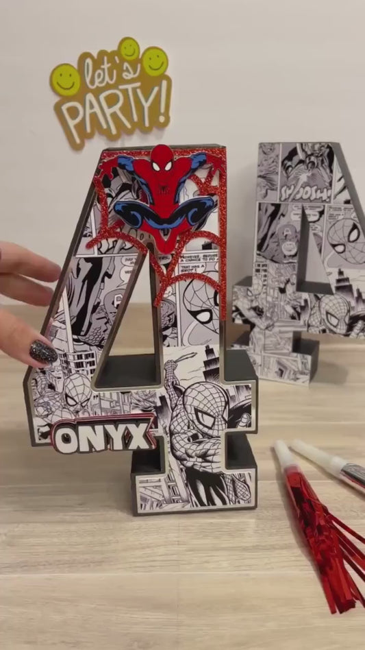 Boys Party Decor 3D Number, Spiderman Party, Tabletop decoration and Centerpiece 10” tall Custom with Name and Age