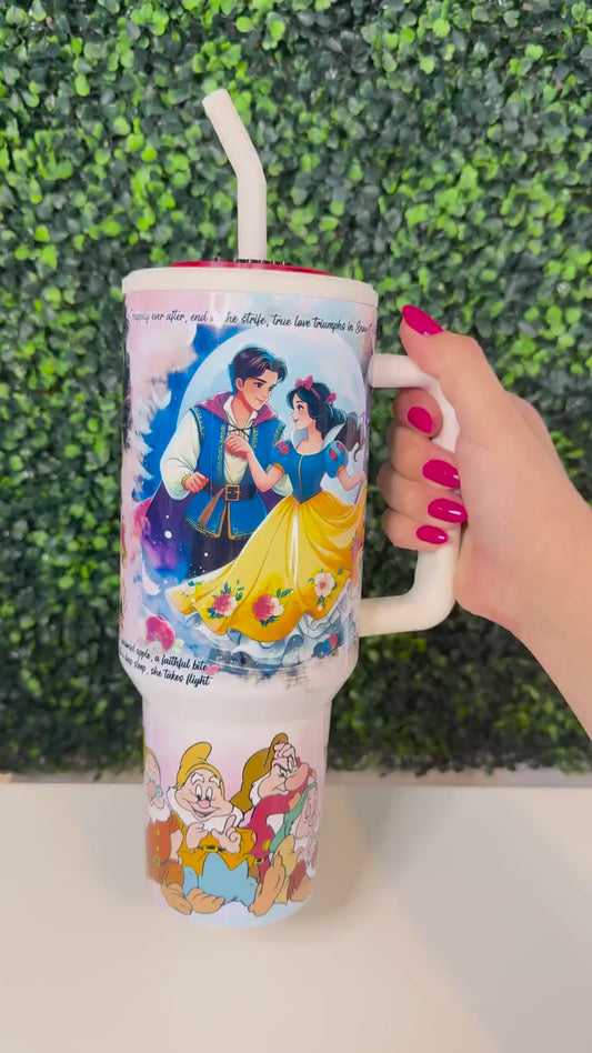 Snow White Princess Tumbler, 40oz Personalized Tumbler with Handle, Dwarf Character, Stainless Steel Cup