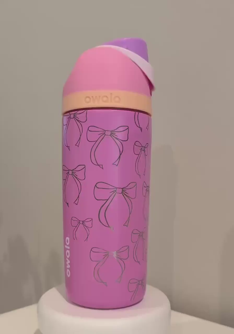 Custom Kids Engraved Owala, Pink Bows Coquette Girly Tumbler, 16oz Free Sip, Engraved tumbler, Engraved Gift for girls
