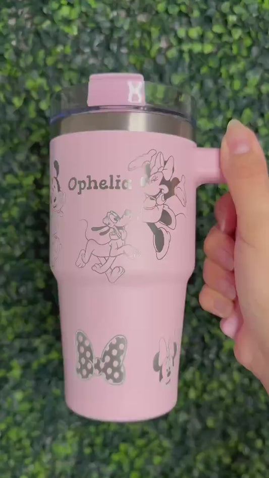 Personalized Disney Engraved Tumbler 20oz Minnie Mouse Tumbler with Name engraved, Pink cup with handle and lid, Cute Disney lover Gift